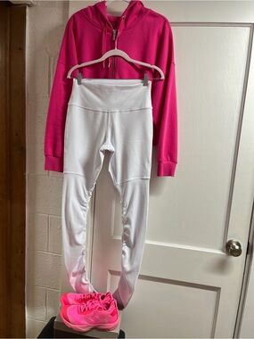 3 pc Alo White leggings with Hot Pink Hoodie &  Adidas Sneakers
